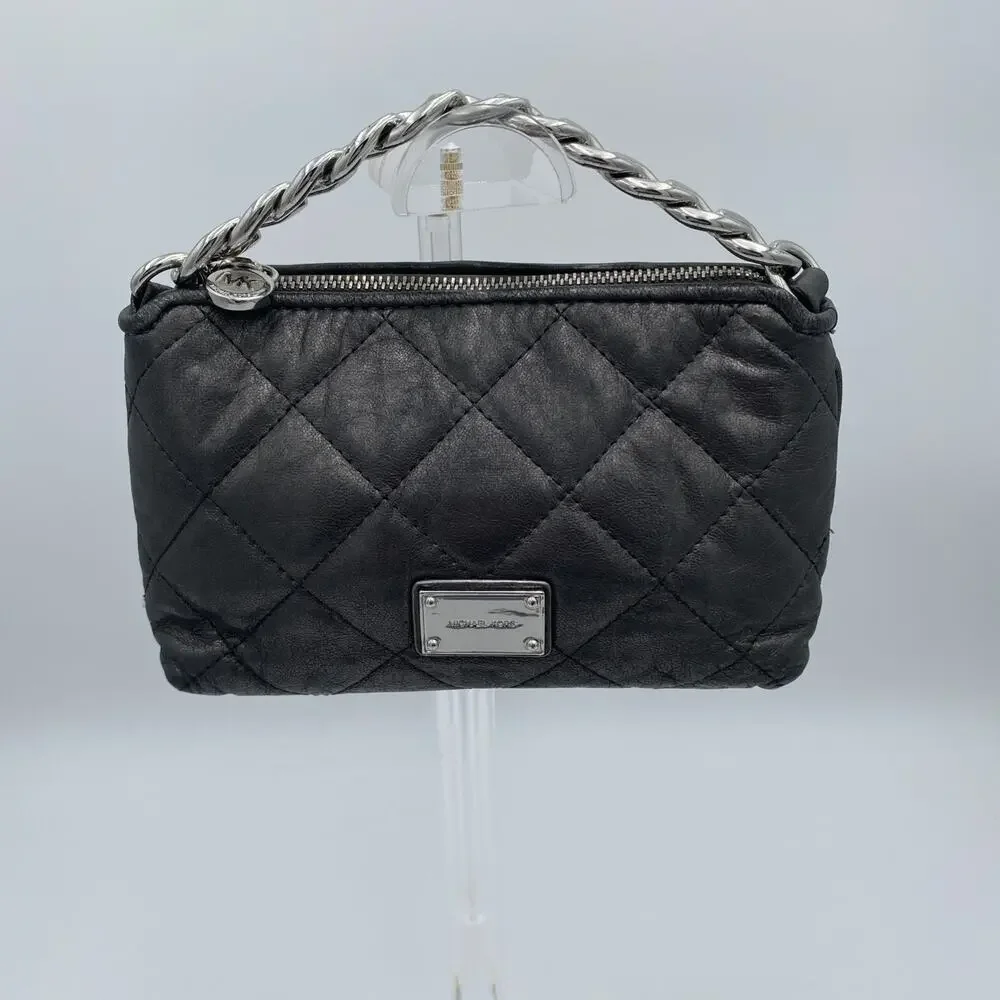 Michael Kors Mini-Quilted Purse Dark Metallic Gray Silver Hardware Chain